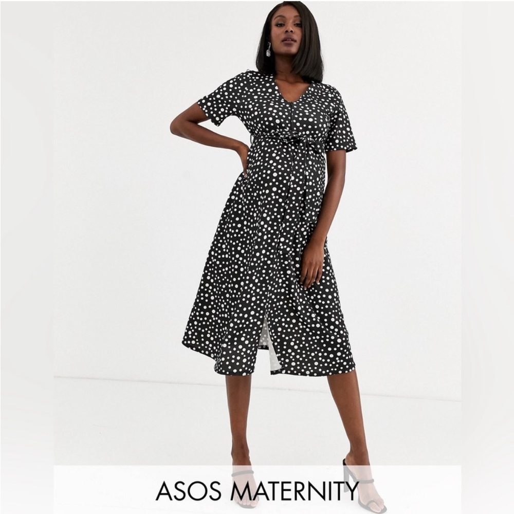 ASOS maternity tie waist navy polka dot midi dress